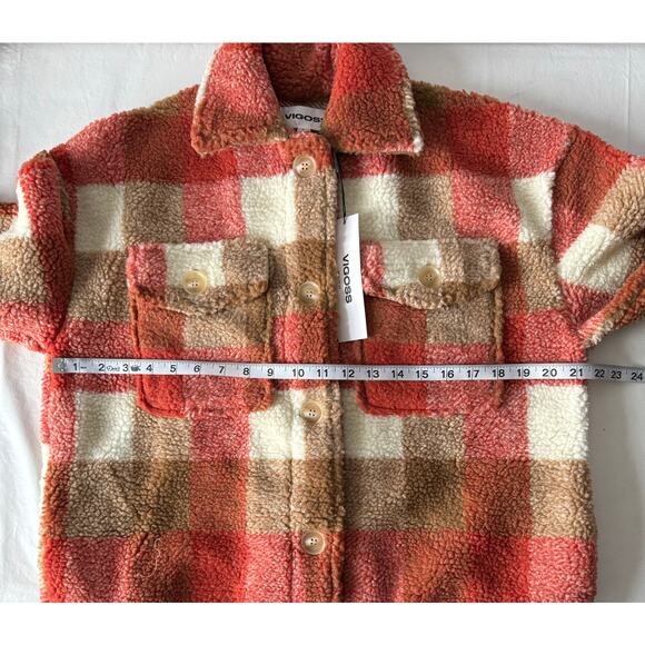 New Vigoss Faux Shearling Oversize Plaid Shirt Jacket in Rust Women's Size S - Picture 7 of 7
